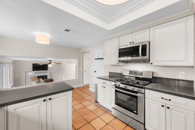 kitchen with appliances with stainless steel finishes, dark countertops, crown molding, and a lit fireplace