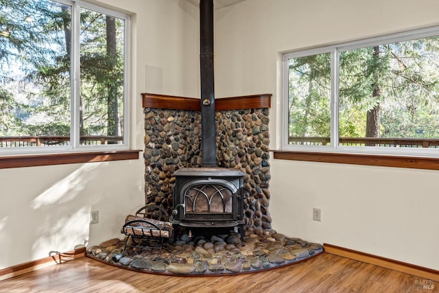 interior details featuring wood-type flooring and a wood stove