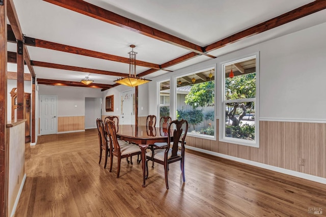 dining area featuring a wainscoted wall, wood finished floors, beam ceiling, and wooden walls