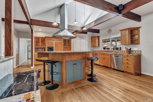 kitchen with paneled fridge, island range hood, a kitchen breakfast bar, dishwasher, and light wood finished floors