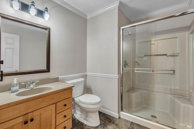 full bathroom with a stall shower, a textured wall, toilet, crown molding, and vanity