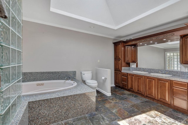 full bath featuring ornamental molding, stone tile flooring, a sink, and toilet