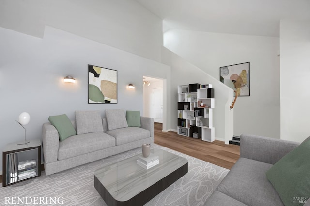 living room with high vaulted ceiling and light wood-type flooring