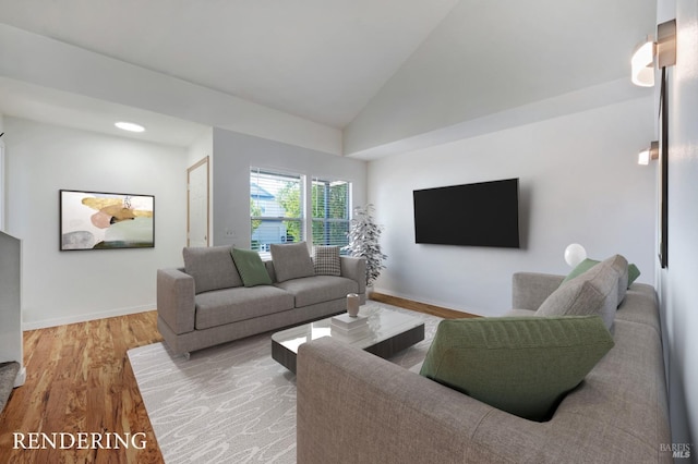 living room featuring hardwood / wood-style flooring and high vaulted ceiling