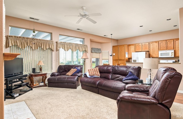 living area with ceiling fan and visible vents