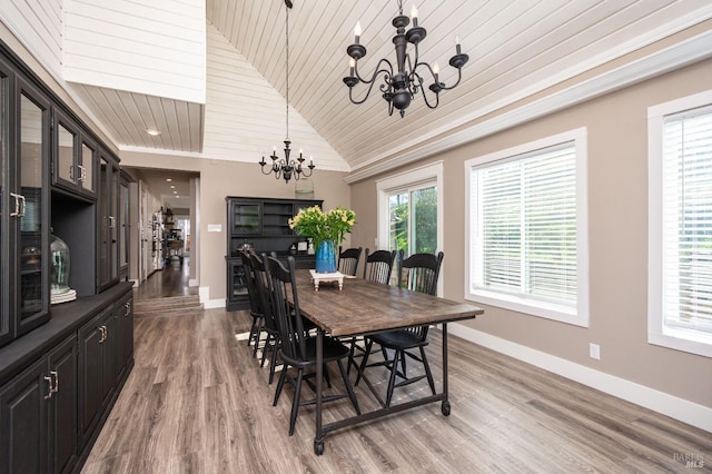 1061 Steele Canyon Rd, Napa, CA 94558 - dining room featuring baseboards, wooden ceiling, vaulted ceiling, light wood-style floors, and a chandelier