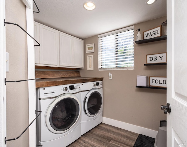 1061 Steele Canyon Rd, Napa, CA 94558 - laundry room with dark wood finished floors, washer and clothes dryer, recessed lighting, cabinet space, and baseboards