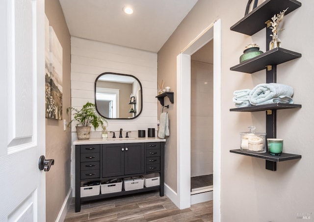 1061 Steele Canyon Rd, Napa, CA 94558 - full bath featuring wood finish floors, walk in shower, vanity, and baseboards