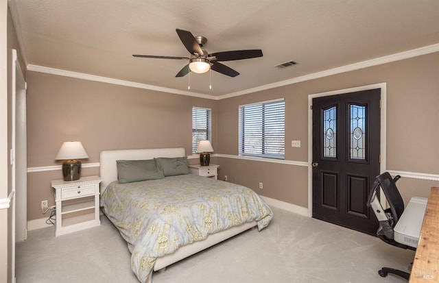 1061 Steele Canyon Rd, Napa, CA 94558 - carpeted bedroom featuring visible vents, crown molding, baseboards, and ceiling fan