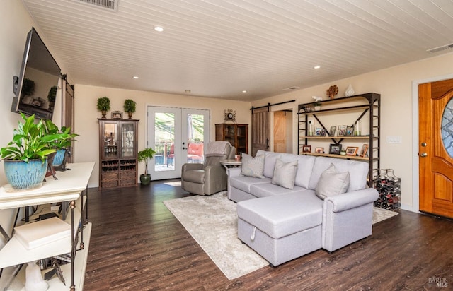 1061 Steele Canyon Rd, Napa, CA 94558 - living area featuring french doors, recessed lighting, visible vents, a barn door, and wood finished floors
