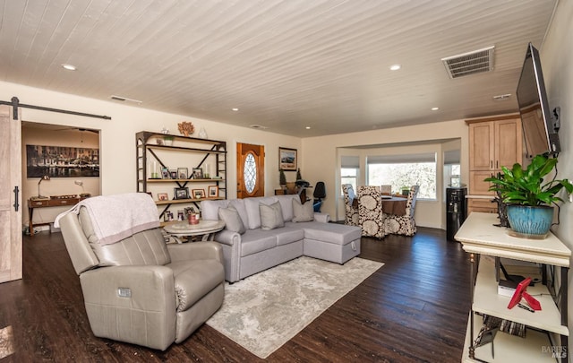 1061 Steele Canyon Rd, Napa, CA 94558 - living area with dark wood-style floors, a barn door, visible vents, and recessed lighting