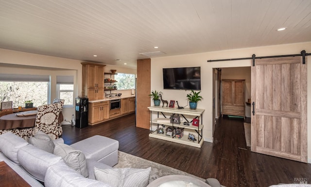 1061 Steele Canyon Rd, Napa, CA 94558 - living room with a barn door, dark wood finished floors, wood ceiling, and recessed lighting