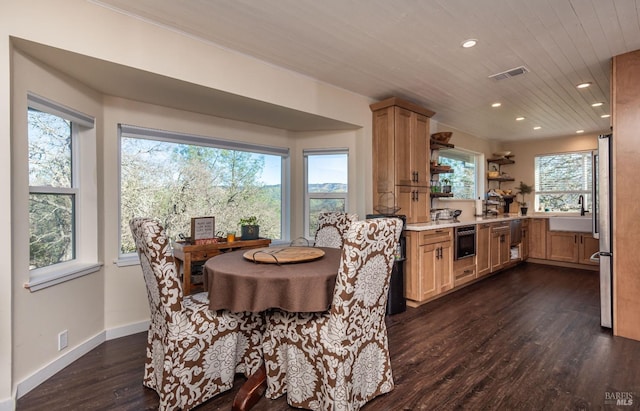 1061 Steele Canyon Rd, Napa, CA 94558 - dining area featuring dark wood-style flooring, recessed lighting, visible vents, wooden ceiling, and baseboards