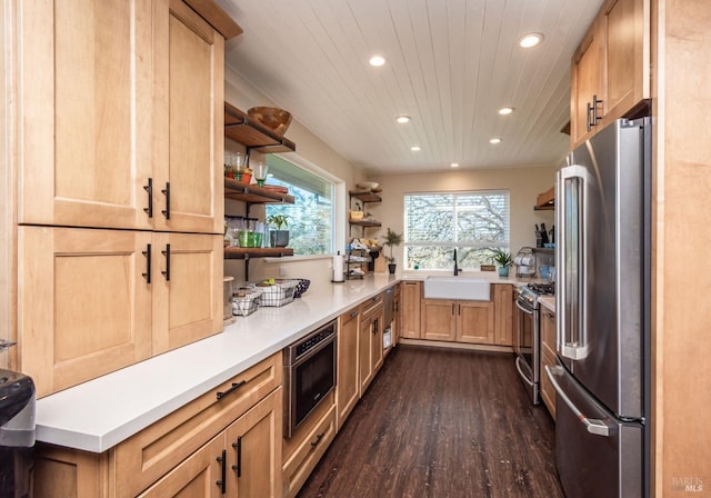 1061 Steele Canyon Rd, Napa, CA 94558 - kitchen featuring wood ceiling, appliances with stainless steel finishes, open shelves, a sink, and recessed lighting