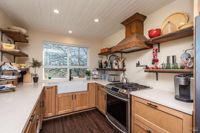 1061 Steele Canyon Rd, Napa, CA 94558 - kitchen featuring island exhaust hood, open shelves, gas stove, and a sink