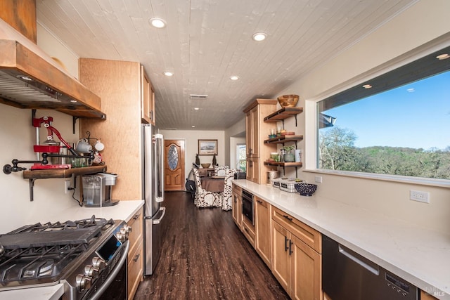 1061 Steele Canyon Rd, Napa, CA 94558 - kitchen featuring extractor fan, wooden ceiling, appliances with stainless steel finishes, open shelves, and dark wood finished floors