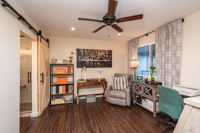 1061 Steele Canyon Rd, Napa, CA 94558 - office space with a barn door, baseboards, a ceiling fan, wood finished floors, and recessed lighting