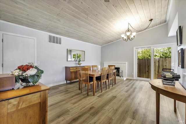 dining space with wood ceiling, ornamental molding, and hardwood / wood-style flooring