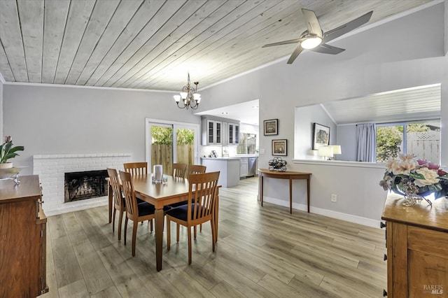 dining area with lofted ceiling, wood ceiling, ornamental molding, and light wood-type flooring