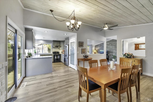 dining room featuring sink, ornamental molding, a notable chandelier, wood ceiling, and light hardwood / wood-style flooring