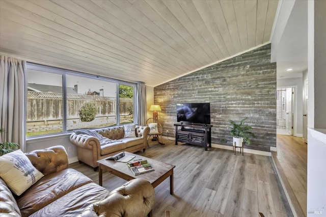 living room featuring lofted ceiling, light hardwood / wood-style floors, and wooden ceiling