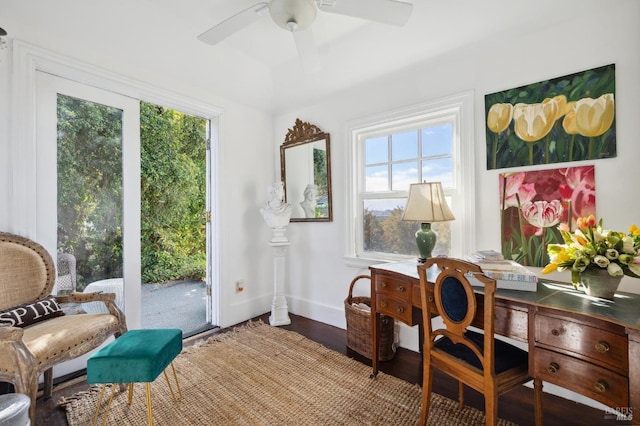 office space with hardwood / wood-style flooring, plenty of natural light, and ceiling fan