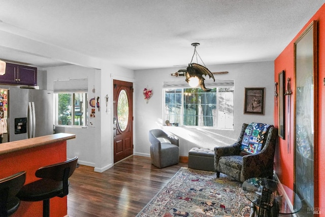 foyer with dark wood-type flooring and a textured ceiling