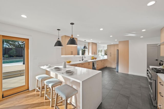 kitchen with light brown cabinets, light countertops, a sink, and stainless steel appliances