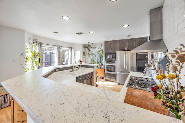 kitchen featuring sink, light hardwood / wood-style flooring, stainless steel appliances, ventilation hood, and light stone countertops