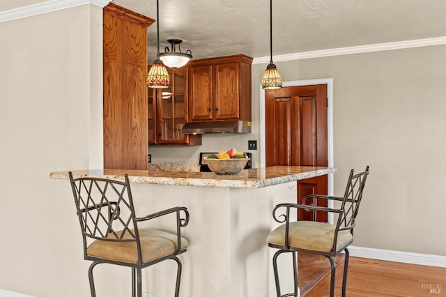 kitchen with a breakfast bar, hanging light fixtures, kitchen peninsula, crown molding, and light hardwood / wood-style flooring