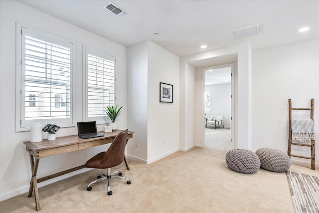 home office featuring light colored carpet, visible vents, and recessed lighting