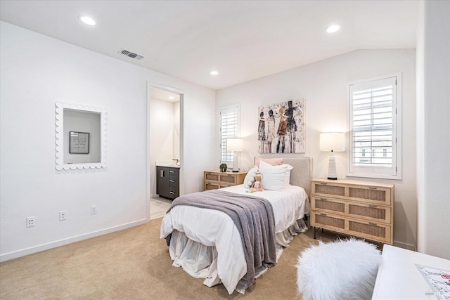 bedroom with carpet, recessed lighting, visible vents, vaulted ceiling, and baseboards