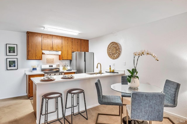 kitchen with appliances with stainless steel finishes, sink, a kitchen bar, kitchen peninsula, and light carpet