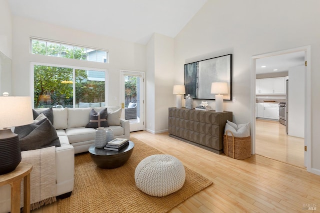 living room featuring high vaulted ceiling and light hardwood / wood-style flooring