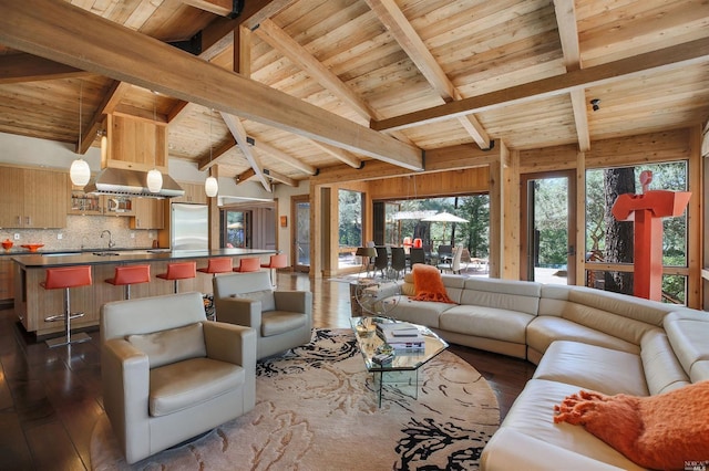 living room with vaulted ceiling with beams, dark hardwood / wood-style floors, sink, and wooden ceiling