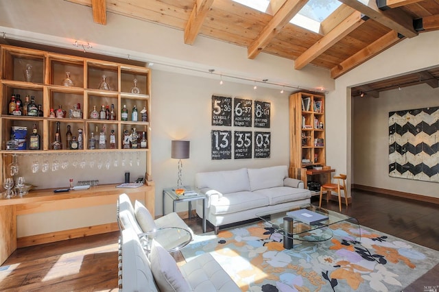 living room with dark hardwood / wood-style floors, vaulted ceiling with skylight, and wooden ceiling