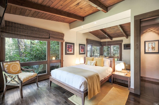 bedroom featuring lofted ceiling with beams, hardwood / wood-style floors, and wooden ceiling