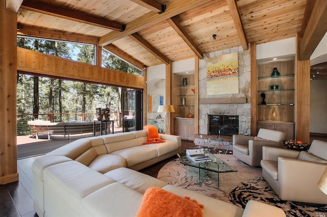 living room with built in shelves, dark hardwood / wood-style flooring, a stone fireplace, wooden ceiling, and beamed ceiling