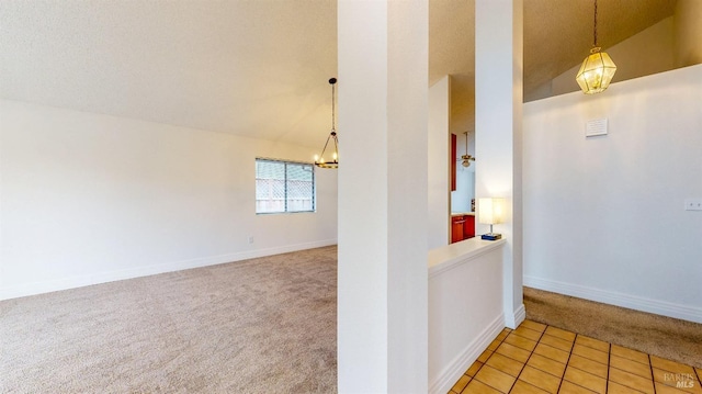 interior space featuring vaulted ceiling, light carpet, and a chandelier