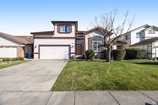 view of front of property featuring a garage, concrete driveway, and a front lawn