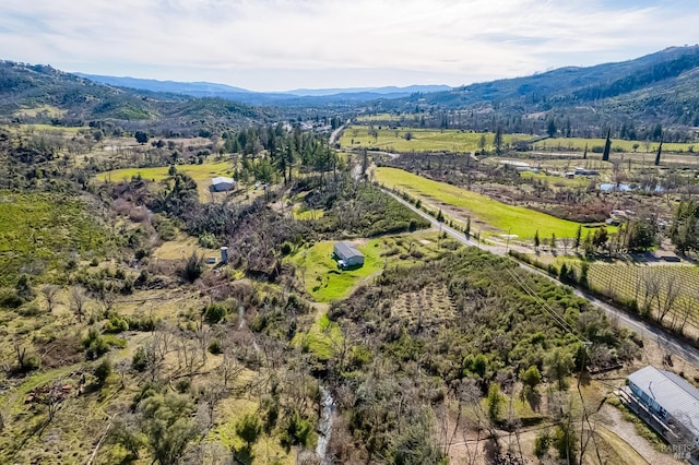 birds eye view of property featuring a mountain view and a rural view