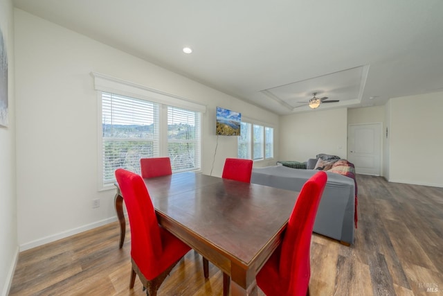 dining space with a tray ceiling, dark wood-type flooring, and ceiling fan