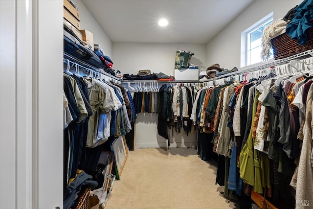 walk in closet with light carpet