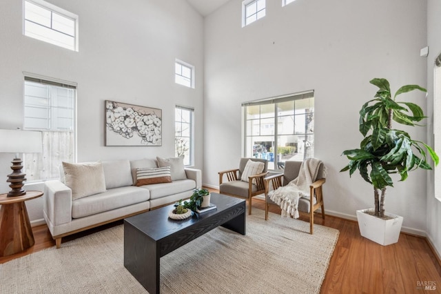 living room featuring hardwood / wood-style flooring, plenty of natural light, and a high ceiling