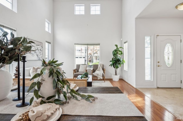 entrance foyer featuring a high ceiling and light wood-type flooring