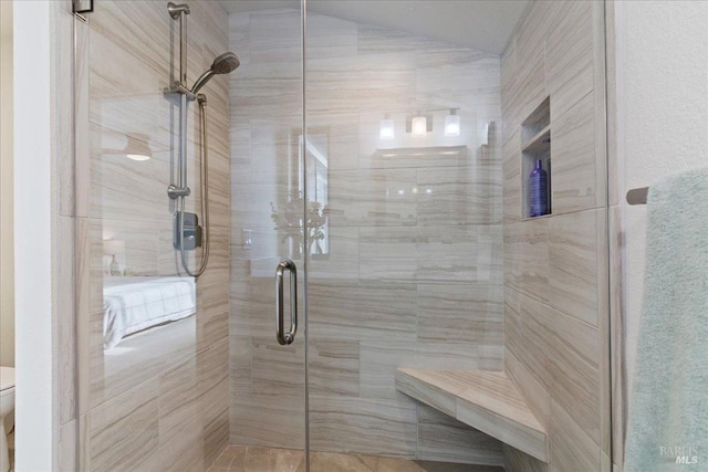 1782 Devonshire Dr, Benicia, CA 94510 - full bath with a stall shower, toilet, and lofted ceiling