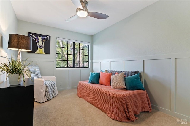 1782 Devonshire Dr, Benicia, CA 94510 - bedroom featuring carpet floors, a decorative wall, a ceiling fan, and a wainscoted wall