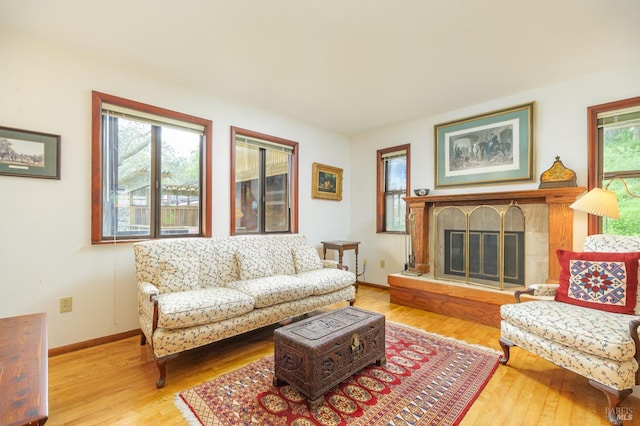 living area with baseboards, wood finished floors, and a glass covered fireplace