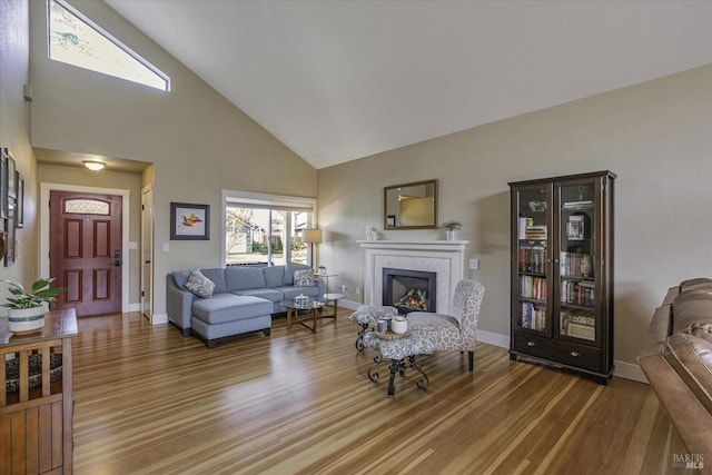 living room with high vaulted ceiling and hardwood / wood-style floors