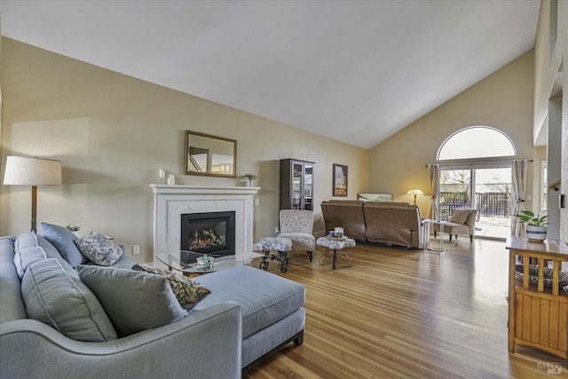 living room with hardwood / wood-style flooring and high vaulted ceiling